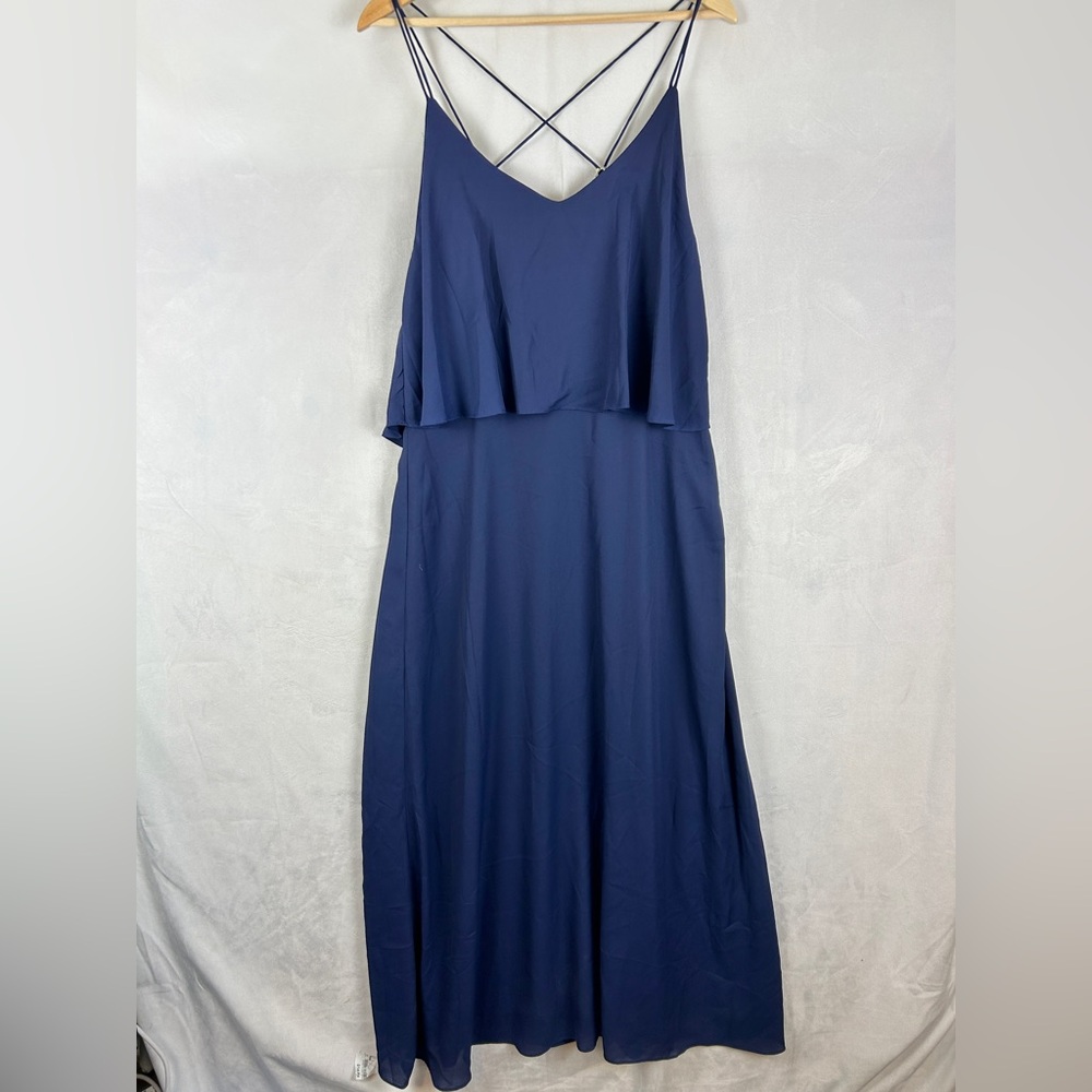 PINK MARTINI NWT Silky Maxi Dress Navy Blue Size Large V Neck Spaghetti Strap